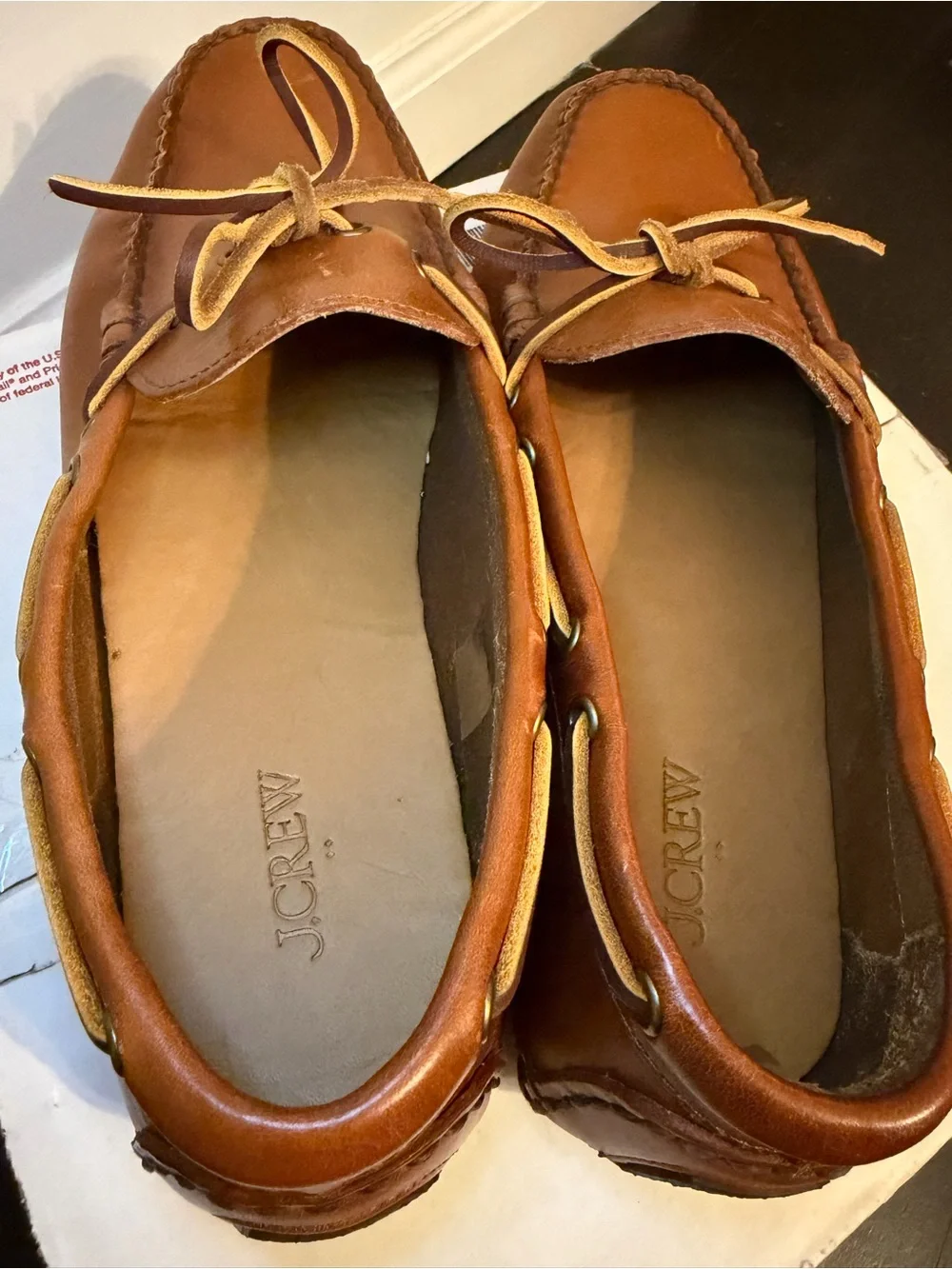 J. CREW Men’s Lace-Up Leather Driving Moccasin Shoes in Brown Tan Sz. 10 FLAW